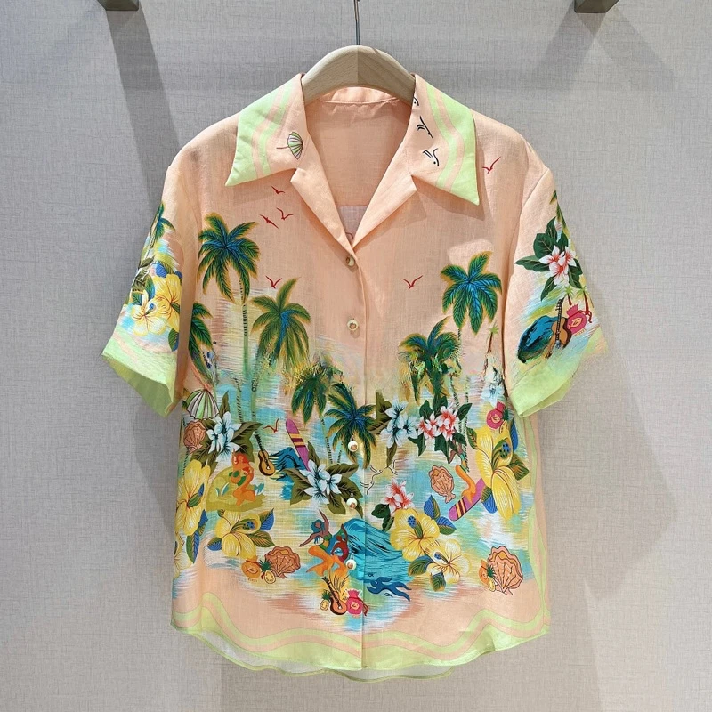Fashion Turn-down Collar Short Sleeve Shirt Women Casual Print Pants Beach Style Loose Suit Party Vacation Two Piece Set