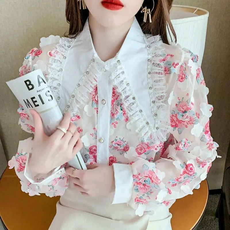 Sweet Peter Pan Collar Lace Diamonds Floral Shirts Women's Clothing 2023 Autumn Loose Korean Tops Office Lady Blouses