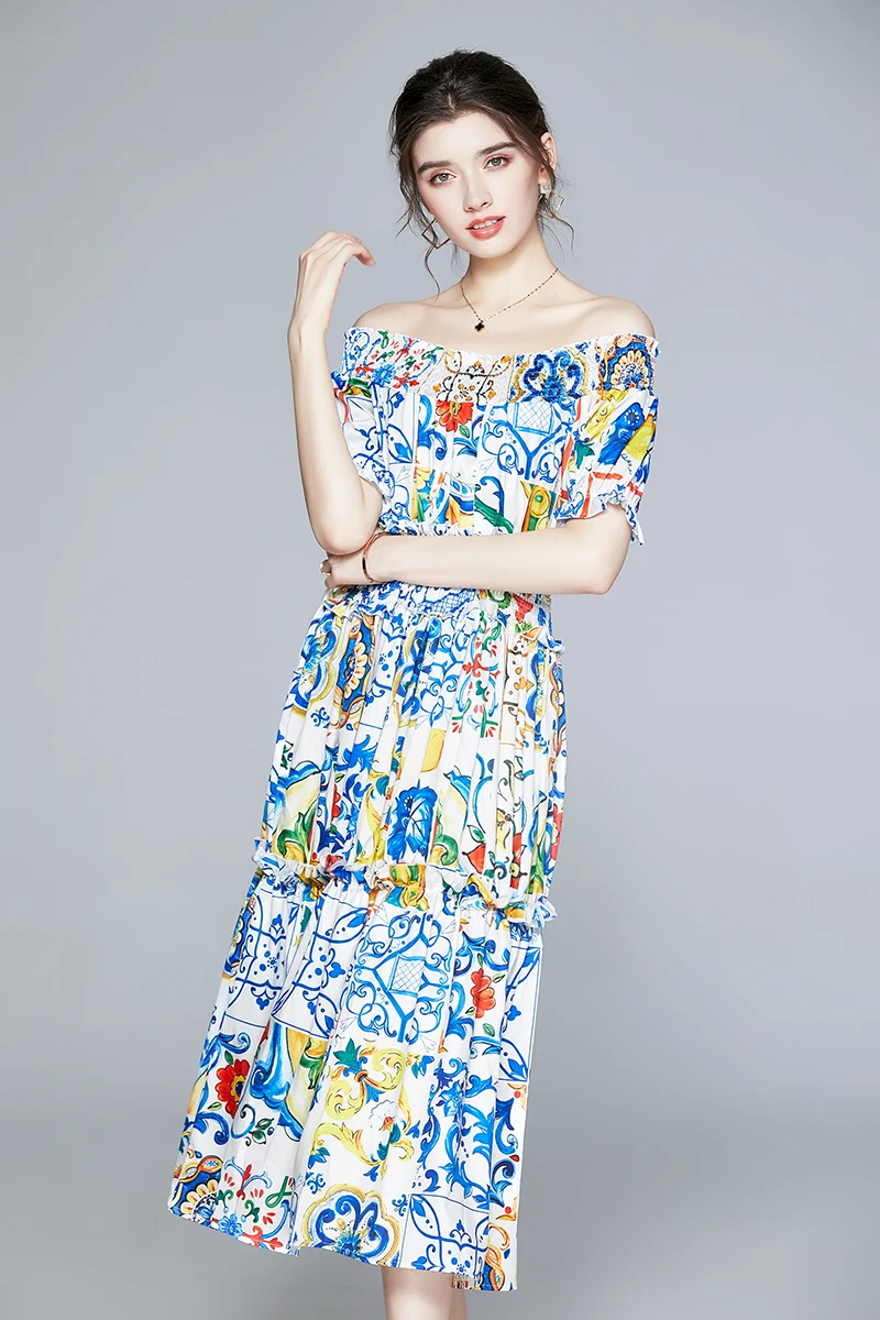 

Newest Blue and White Porcelain Print Flower Midi Dress Women's Off Shoulder Short Sleeve Elastic Waist Runway Vestidos