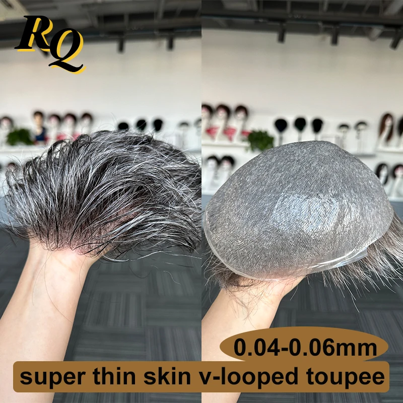 Pre Cut Styled Toupee Hair Men Thin Skin V Looped Human Hair Replacement System For Man 1B40 Hair Piece Protesis Hombre Male Wig