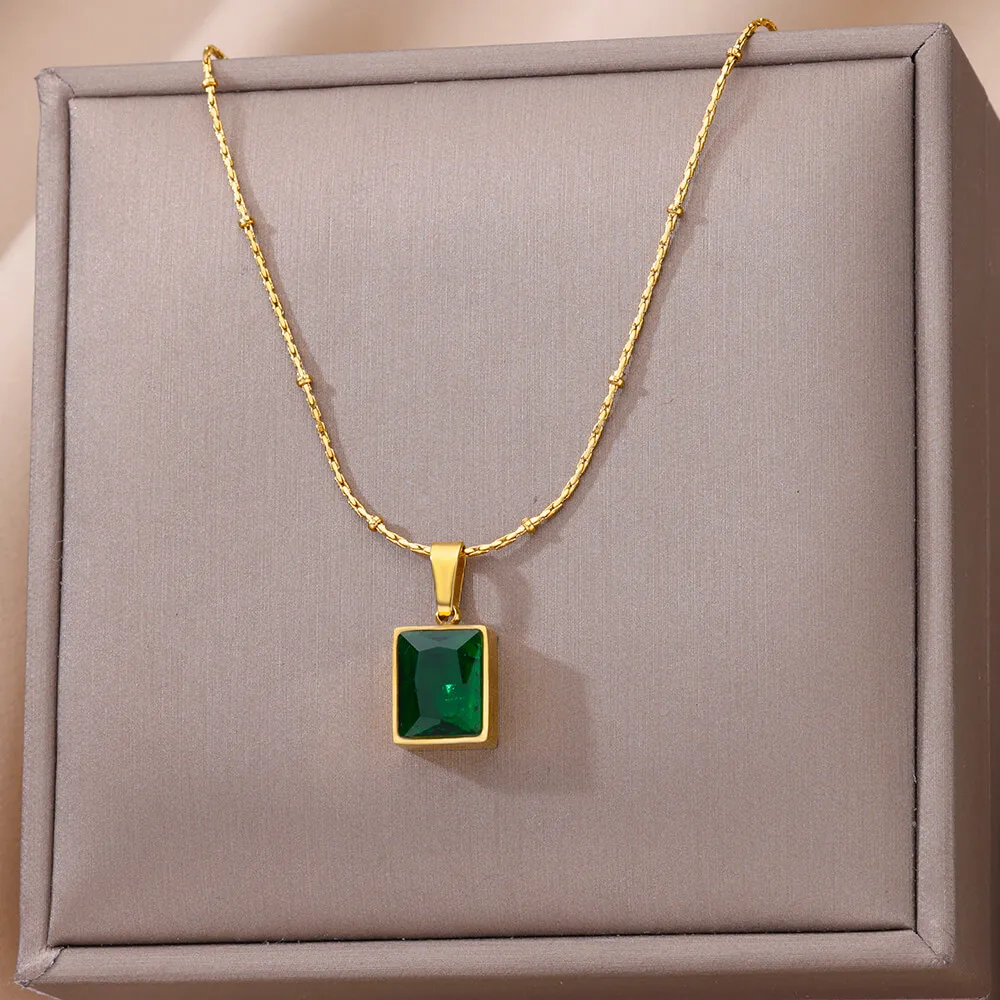Green Square Zircon Necklace For Women Gold Color Stainless Steel