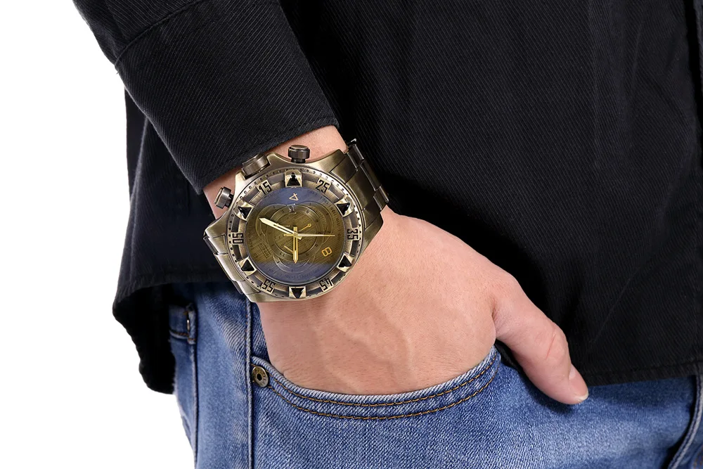 Temeite Retro Men Watches Luxury Brand Bronze Stainless Steel Quartz Sport Big Dial Male Wrist Watches Relogio Masculino 2022