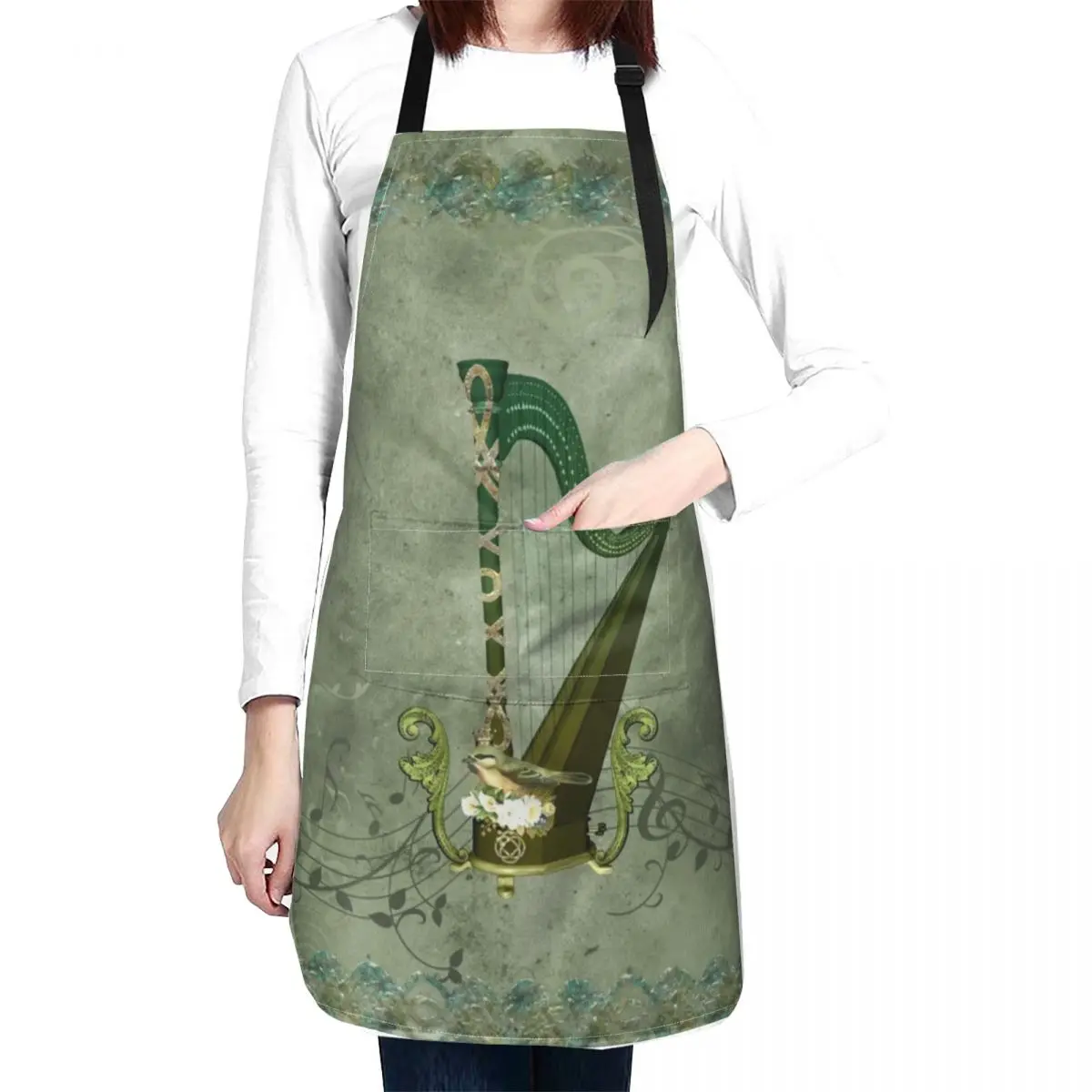 

Celtic harp with celtic knot and flowers with bird Apron Art apron Barber