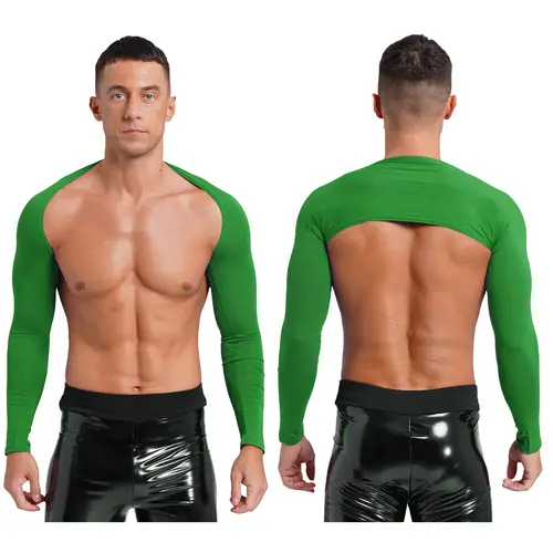 Men Open Front Half Crop Top Solid Long Sleeve Cardigan Bolero Shrug Tops Muscle Arm Sleeves Workout Sports Gym Tops Clubwear - Image 9