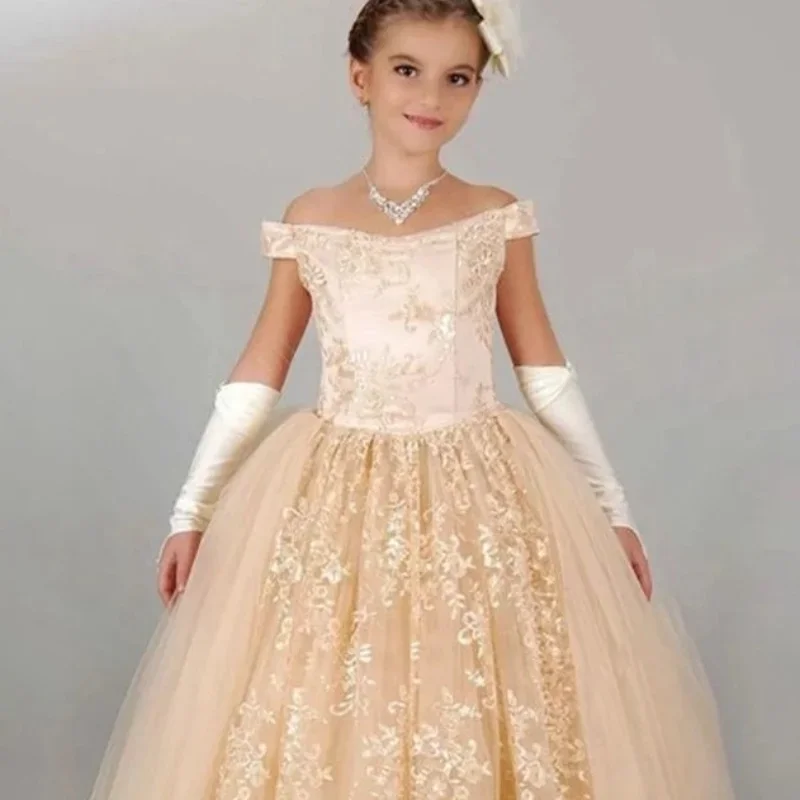 

Champagne Lace Flower Girl Dress Off Shoulder A-LINE Floor-Length Princess Dress for Wedding Bridesmaid Birthday First Communion