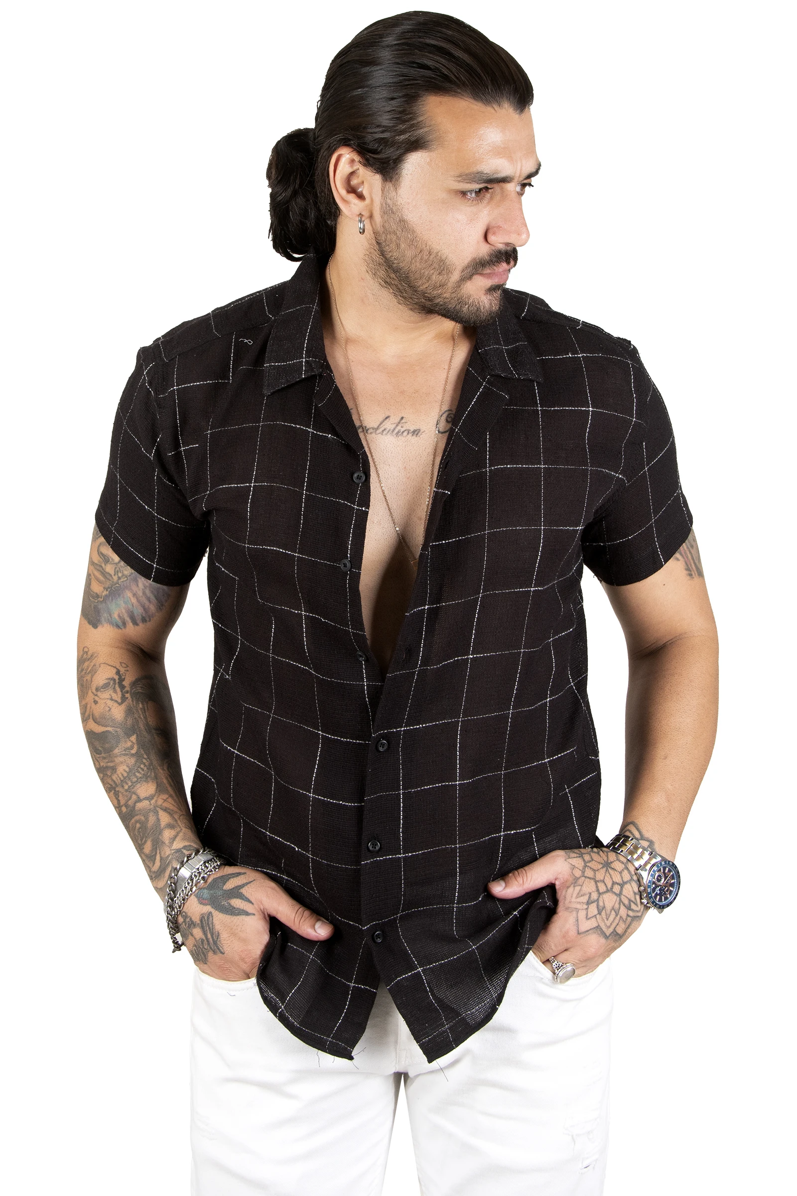 DeepSEA Square Pattern Tight Fit Short Sleeve Linen Men Shirt 2201928