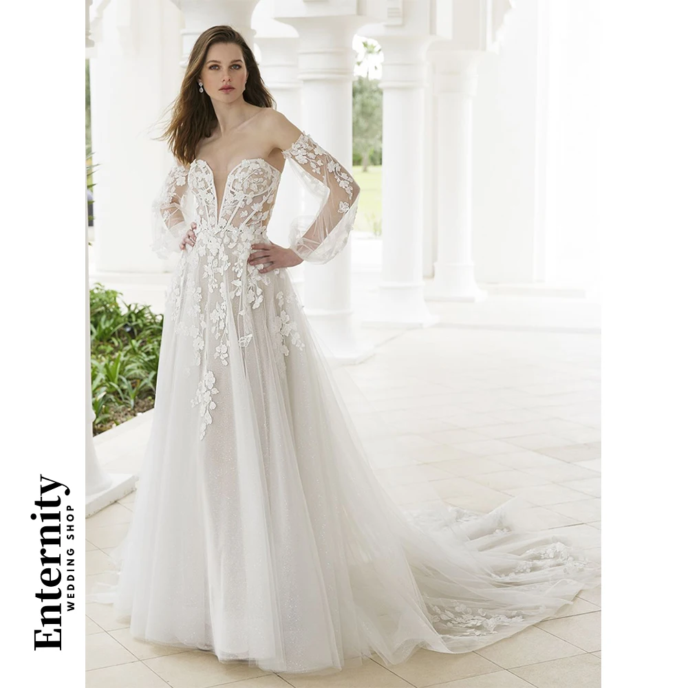 

Romantic A Line Wedding Dresses Lace Detachable Blouson Sleeves Deep V Neck Womens Dresses Bride Dresses Vestidos Para Mujer