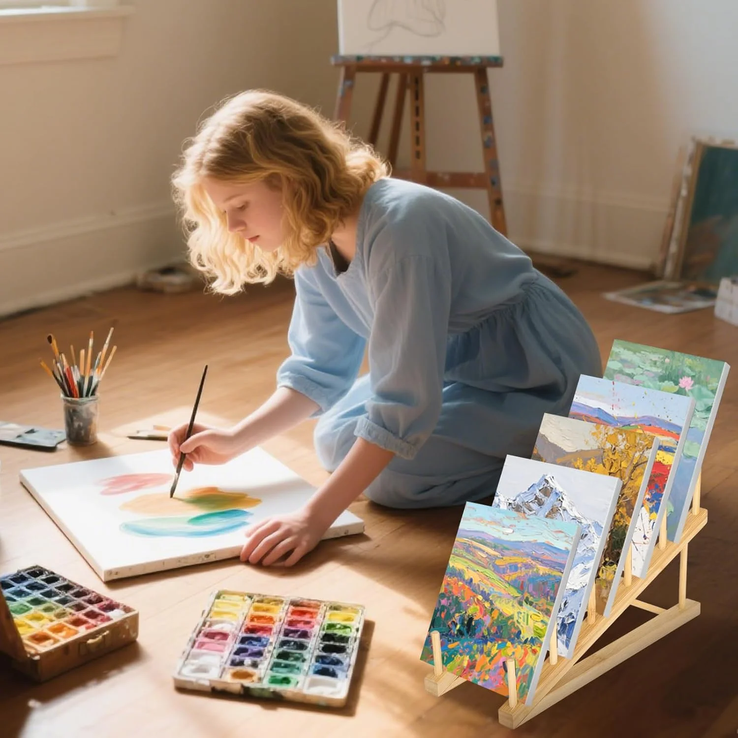 Art Drying Rack Art Storage Rack for Classroom 5 Layers Paint Display Rack Wood Storage Stand for Canvas, Art Storage Organizer - 3