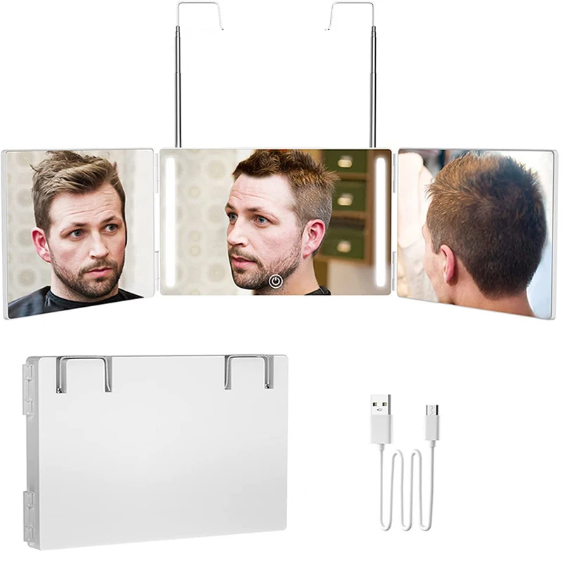 3 Way Mirror for Self Hair Cutting, 360° Mirror with LED Lights