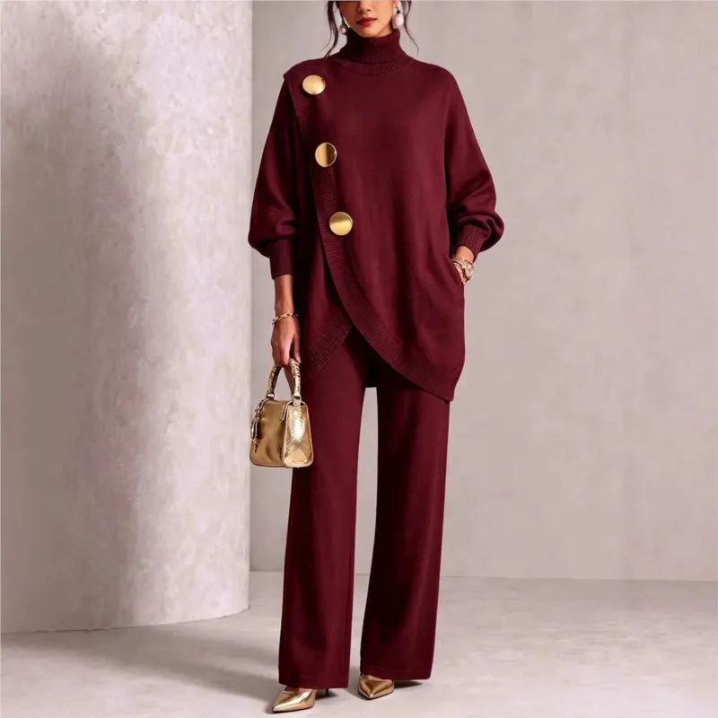 Ensemble en tricot 2 pièces pour femme, haut pull asymétrique à col roulé et boutons dorés, pantalon à jambes larges, tenue élégante en tricot pour l'automne et l'hiver 1