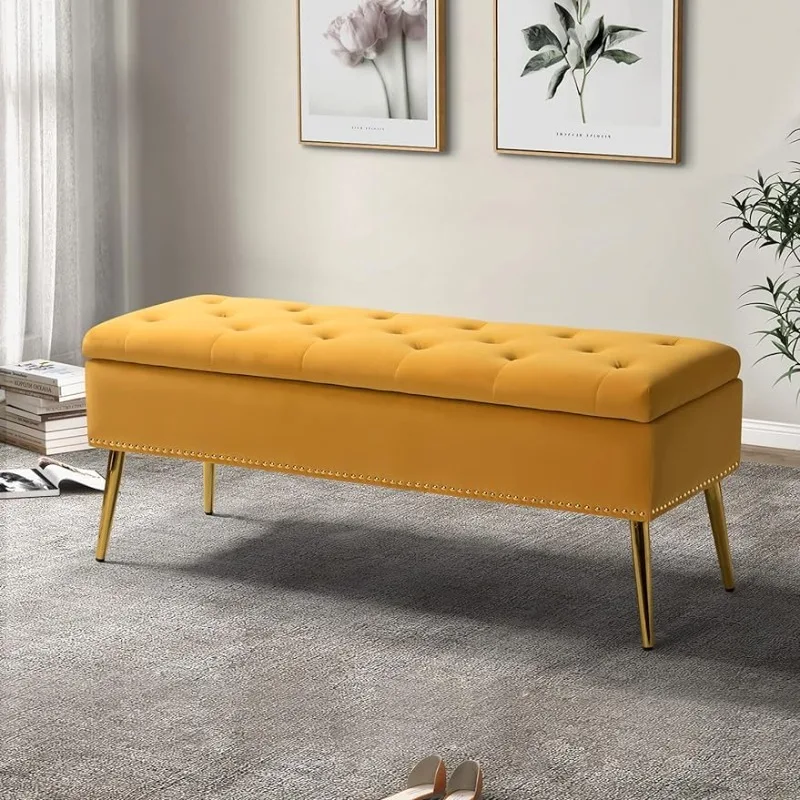 

HULALA HOME Modern Velvet Storage Ottoman Bench, Mustard, 15.5"D x 45.5"W x 18.5"H