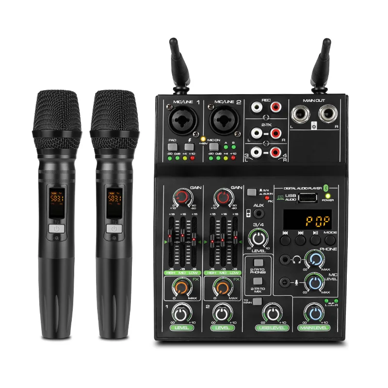 

Audio Mixer 4 Channels Mixing UHF microphone Console with Bluetooth USB Effect USB DJ Sound Mixing for Stage Audio DJ Karaoke PC