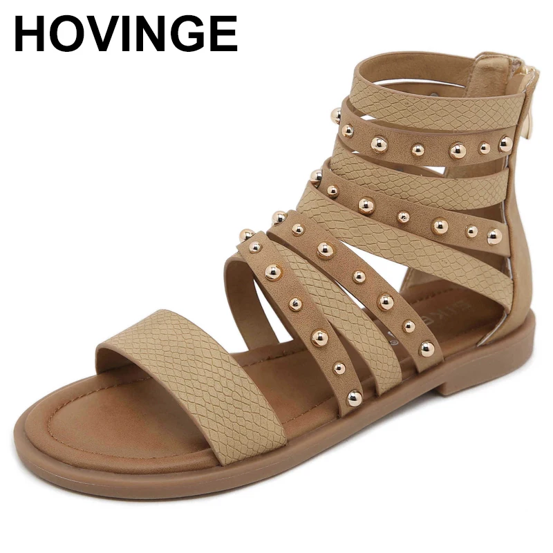 

2024 Gladiator Sandals Women Leather Shoes Rivet Ankle Buckle Strap Roman Casual Handmade Flat Summer Ladies Shoes