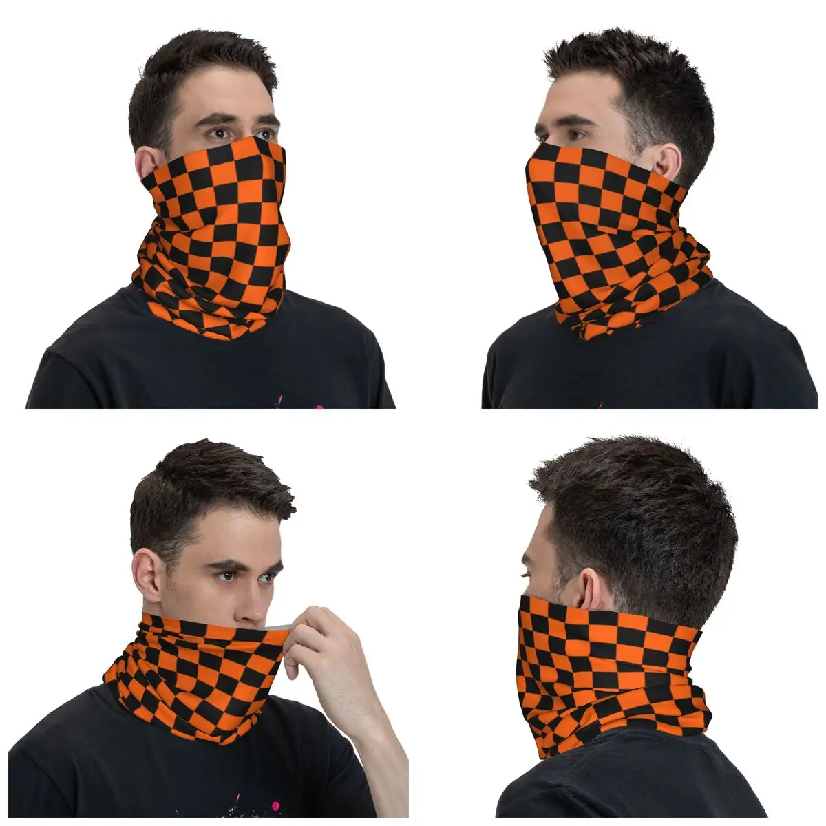 Colorful Geometric Checkered Black And Orange Bandana Neck Cover Printed Racing Motorcycle Cycling Bandana Multi-use Scarf