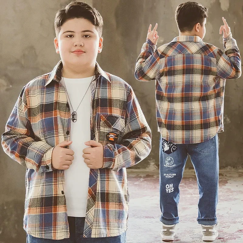 New Children's Plaid Shirt Korean-Style Trendy Long-Sleeve Autumn Lapel Round-Neck Top For Boys And Girls