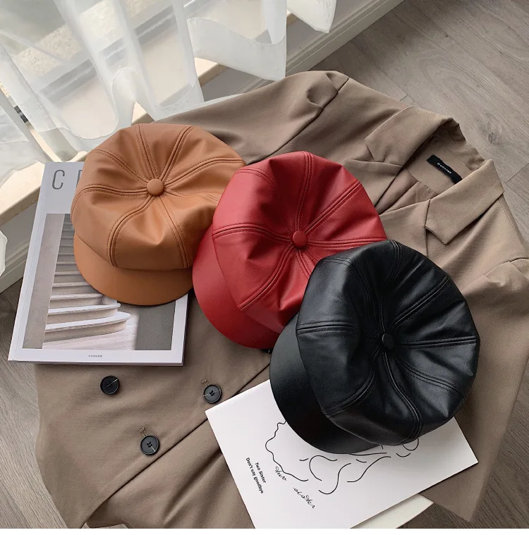 Béret en PU pour femmes et filles, casquette rétro, couleur unie, dôme octogonal, hiver, automne, France, bérets réglables en Faux cuir pour_voghion.com