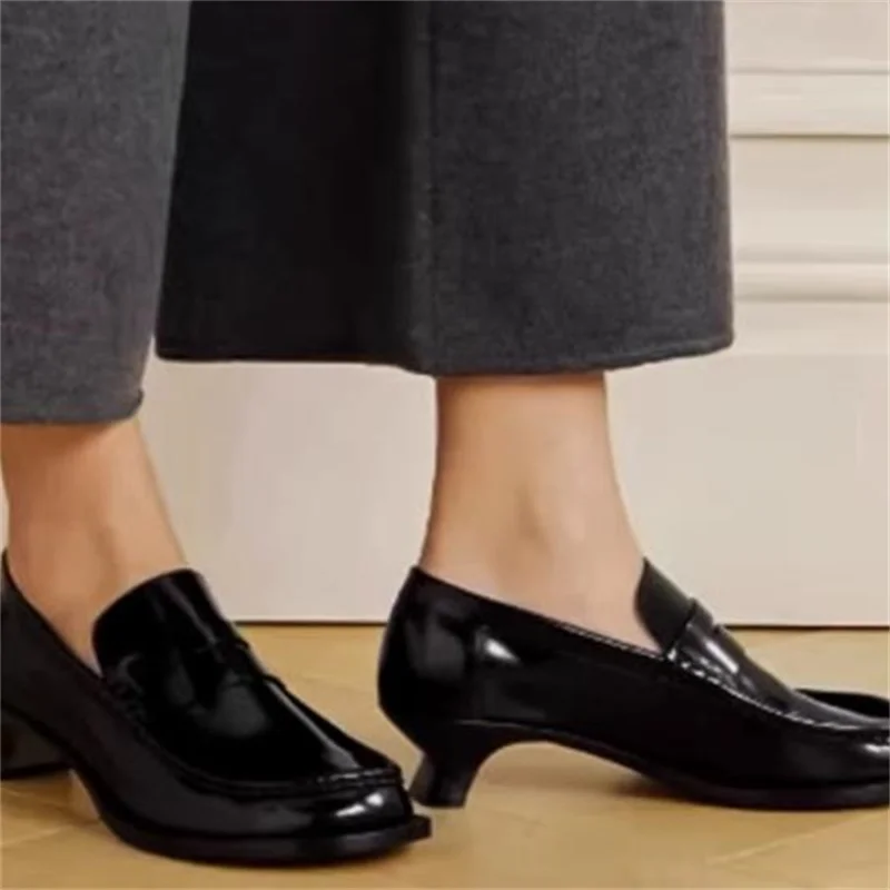 

Sewing Lines Shoes for Women Round Toe Mid Heel Female Loafers Solid Tacones Shallow Chassure Femme Patent Leather Zapatos Mujer