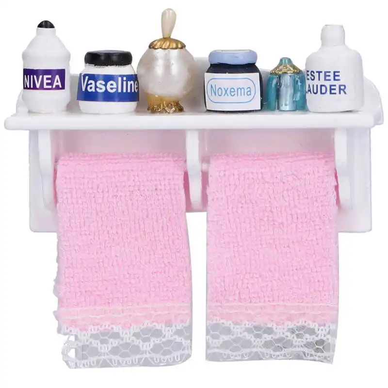 1/12 Dollhouse Miniature Bathroom Set Towel Rack Makeup Cosmetic Set Bathroom Model Furniture Accessories Decoration velvet 6 8 26 8 mannequin arm model hanger jewelry display stand holder ring watch pendant bracelet necklace chain showcase rack