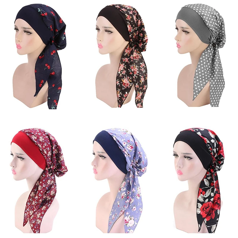 

Womens Muslim Hijab Cancer Chemo Flower Print Hat Turban Cap Cover Hair Loss Head Scarf Wrap Pre-Tied Headwear Strech Bandana