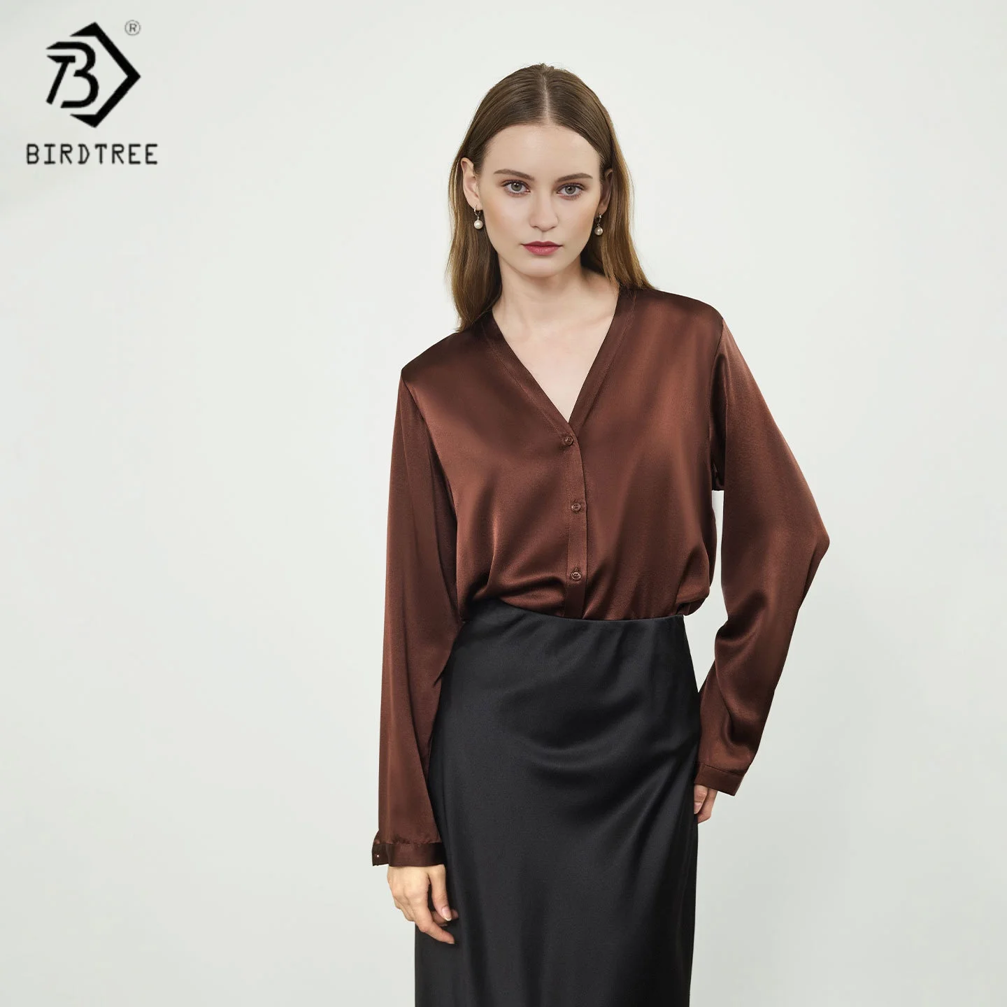 Birdtree,OEKO-TEX,90% Silk Blouse,Women Full Sleeve V-neck Tops,Commuting,Single Breasted,2026 New Autumn Shirt T5D207J