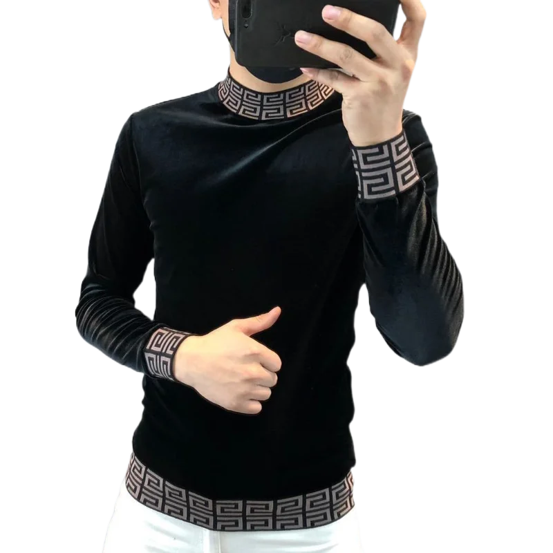Men Double-sided Fleece Long sleeve hoodies Slim-fit Gold Velvet Trendy Base Shirt Spring  Autumn Half-high Collar Sweatershirts