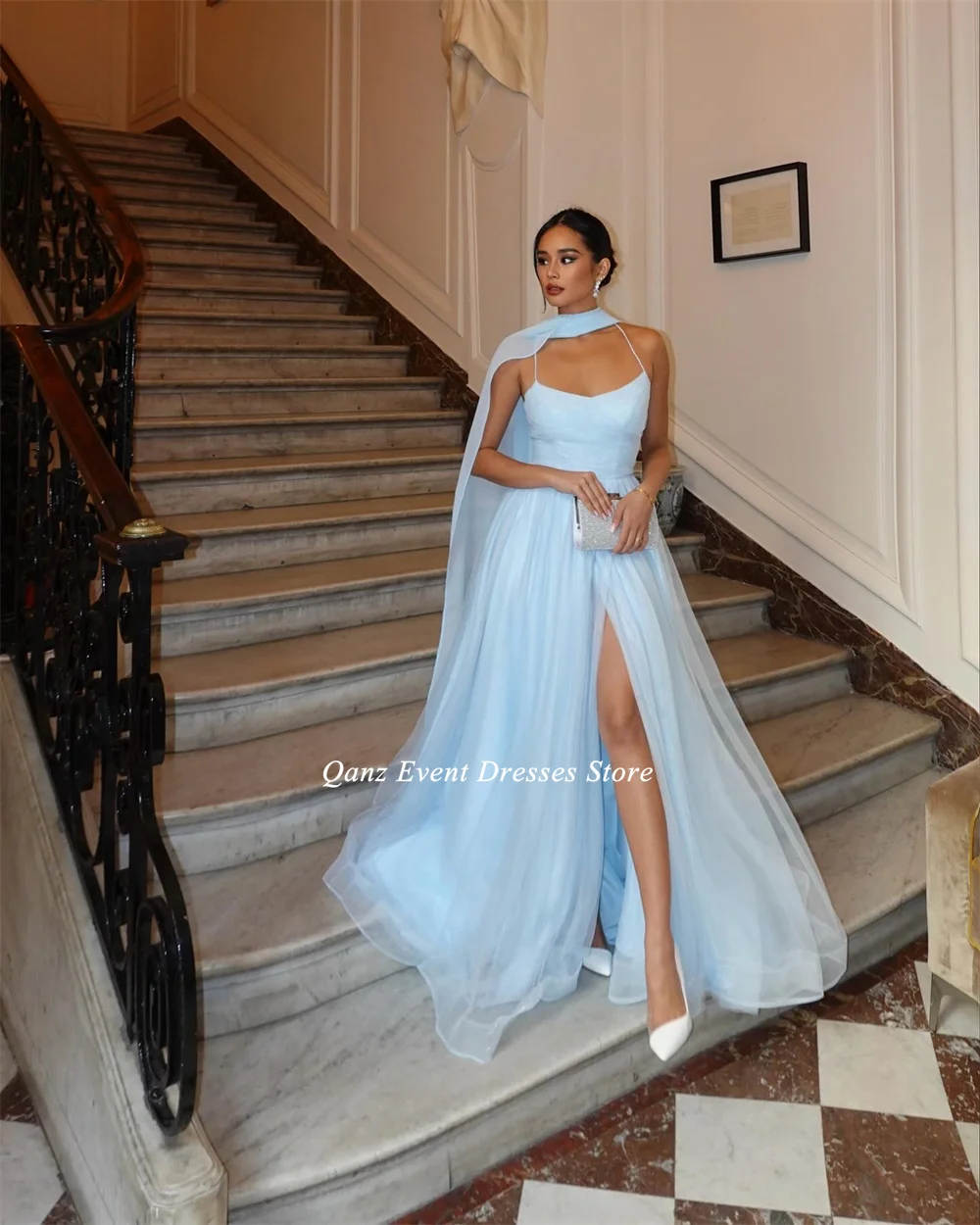 Qanz Sky Blue Elegant Prom Dress Long A Line Tulle High Side Slit Spaghttti Straps Formal Occasion dresses wedding party dress