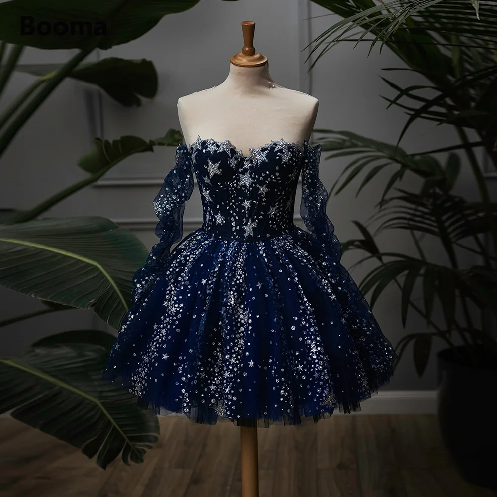 

Booma Glitter Navy Blue Starry Tulle Mini Prom Dresses Sweetheart Long Sleeves Above Knee A-Line Formal Evening Party Gowns