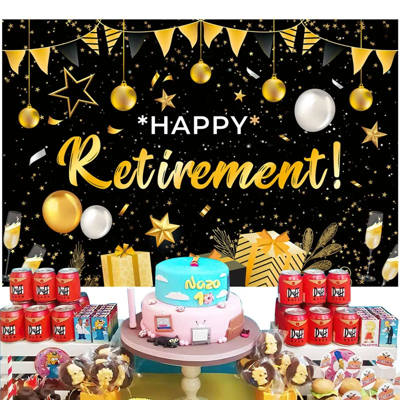 Runder Fotohintergrund „Happy Retirement“ – 1,8m, Schwarz-gold Mit Glitzer – Für Parties & Fotobox