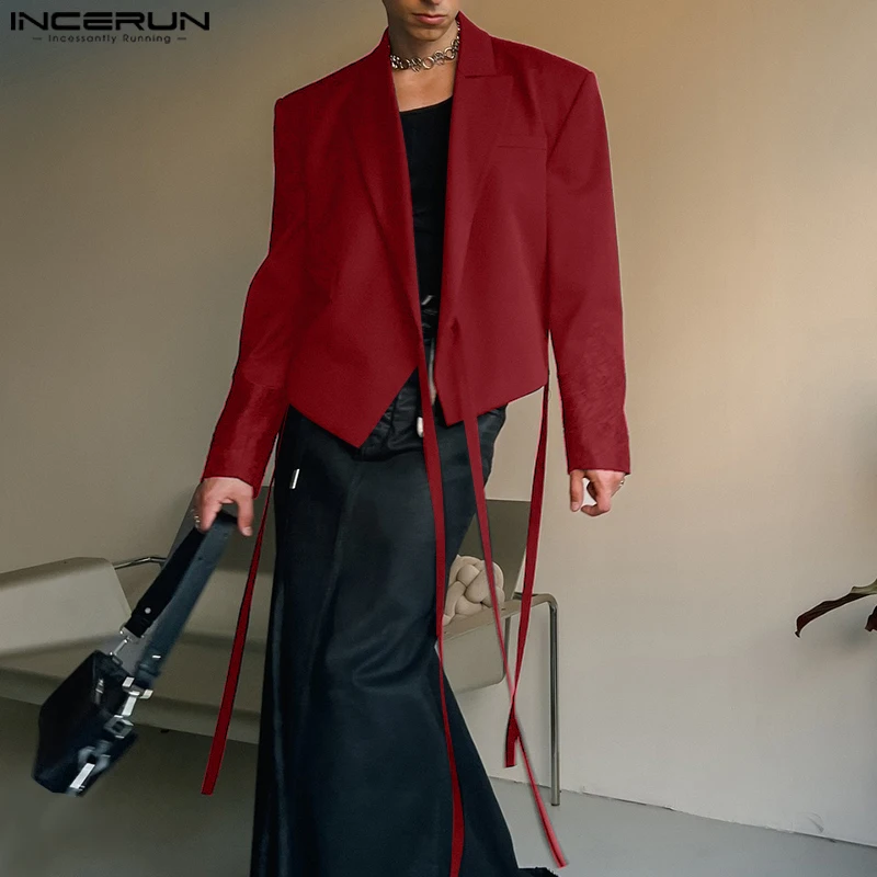 INCERUN Men Fashion Textural Sense Blazer Casual Handsome Long Sleeve Suits Lapel Collar Tip Up Elegant Loose Jackets S-5XL