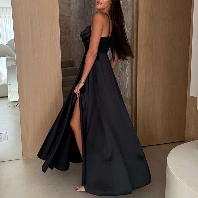 Elegant women’s backless off-shoulder long evening swing dress in solid color black 2