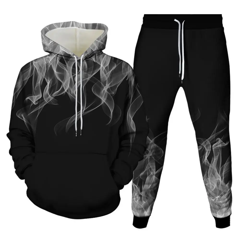 2023 Fashion 2 Piece Flame 3D Printing New Unisex Hoodie Jogging Pants Brand Men's Pullover Hooded Sweatshirt Couple Set