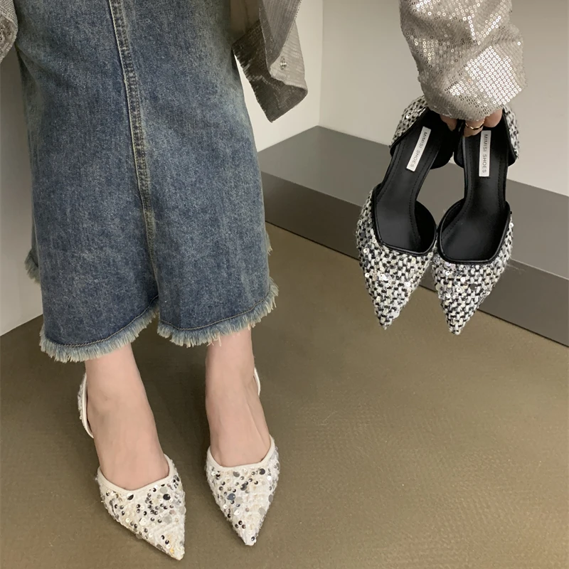 2024 Trend Women Sandals Pointed Toe Fashion Shoes Women Mid Heels Party Shoes Shallow Sexy Sandals New Elegant Stilettos