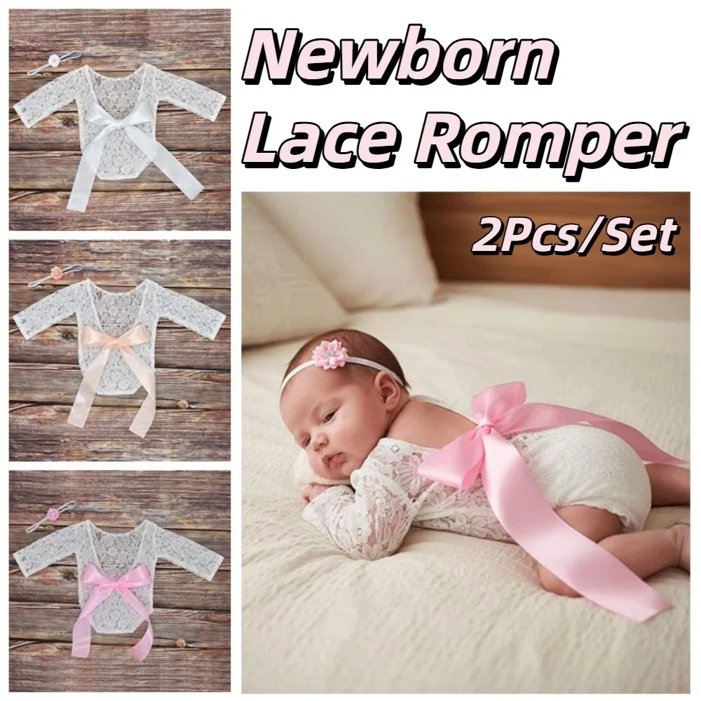 2Pcs/Set Creative Infants Photo Clothing Bow Tie Design Hollow Back Newborn Photography Props Solid Color Floral