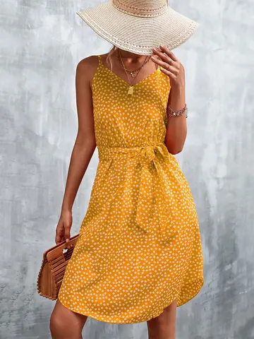 Summer Midi Floral Dress Women V Neck Boho Dress Ladies A Line Spaghetti Strap Flower Party Dress For Women