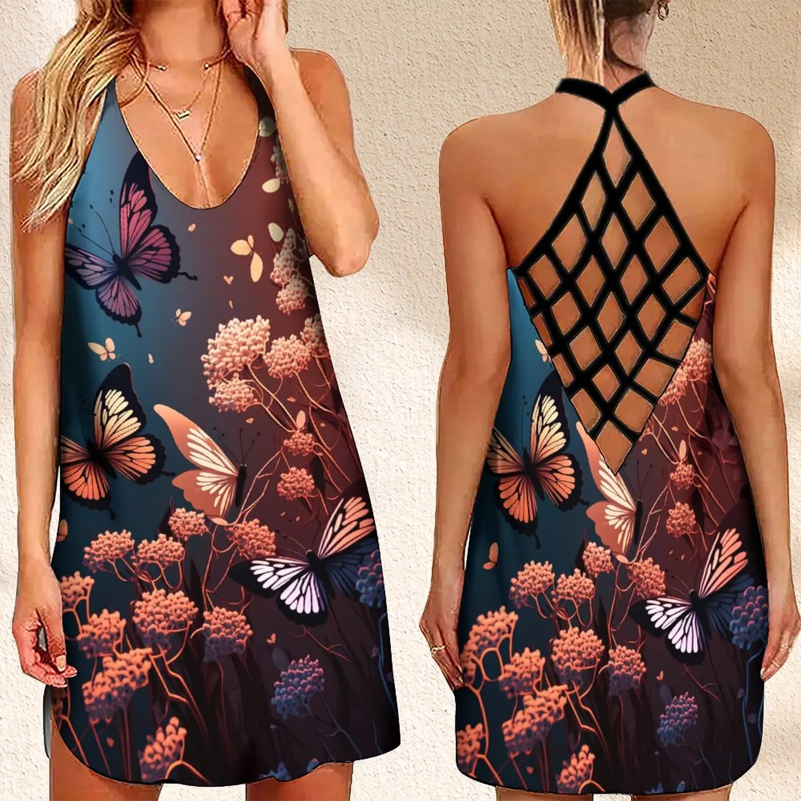 

Fashion Women's Criss Cross Backless Sleeveless Dress Butterfly Flower Print Elegant Dresses for Women Sexy