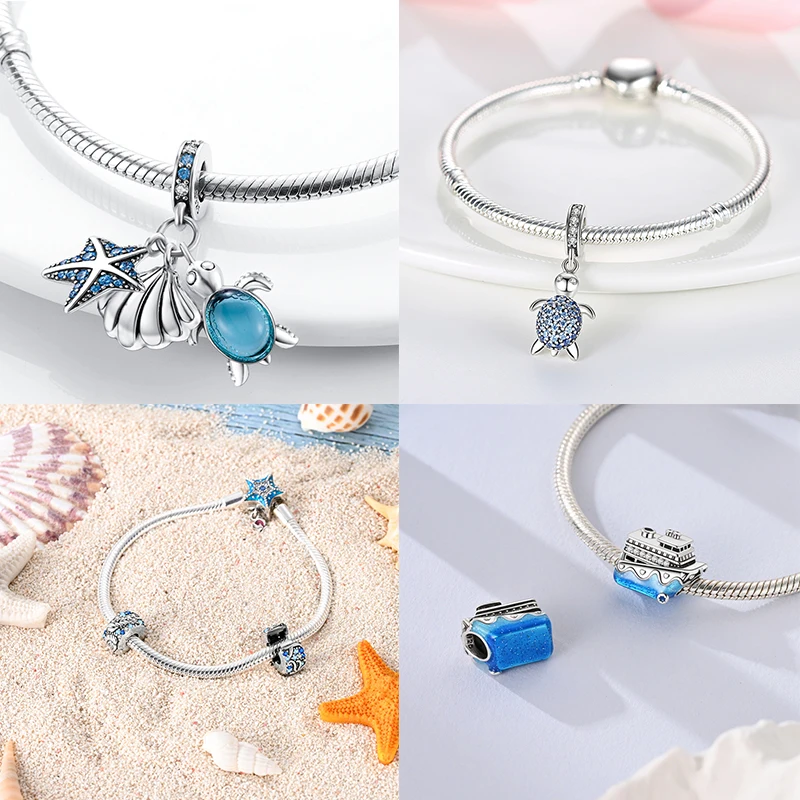 MULA  블루 여행 비행기 매력 펜던트 비즈 여성을위한 원래 925 팬 팔찌 쥬얼리에 맞게 DIY 선물