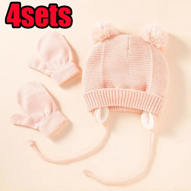 4sets New Unisex Winter Baby Toddler Hat Glove Set Warm Fleece Knitted Beanie Cap Newborn Beanie Mitten 1-4 Years