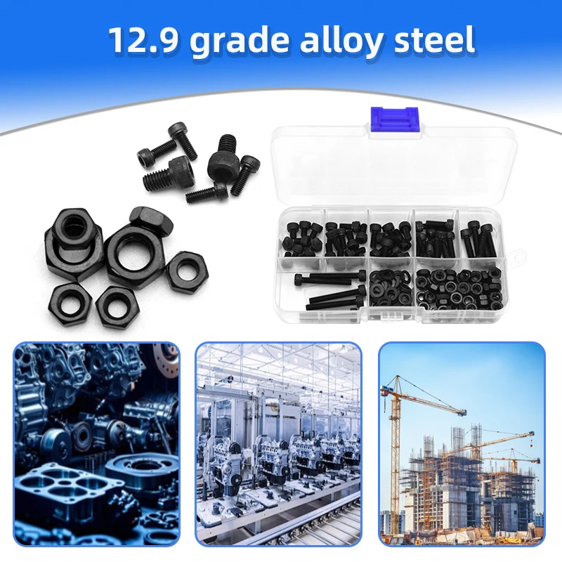 High Strength 12.9 Grade Black Hex Socket Head Cap Screws with Flat Washer and Nut Assortment Kit M2.5-M5 for Industrial Machine