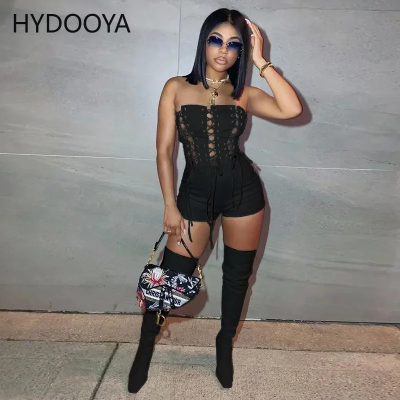 Sexy Off Shoulder Drawstring Lace Up Corset Jumpsuits Women's Clothing Summer 2022 Strapless Backless Nightclub Party Playsuits