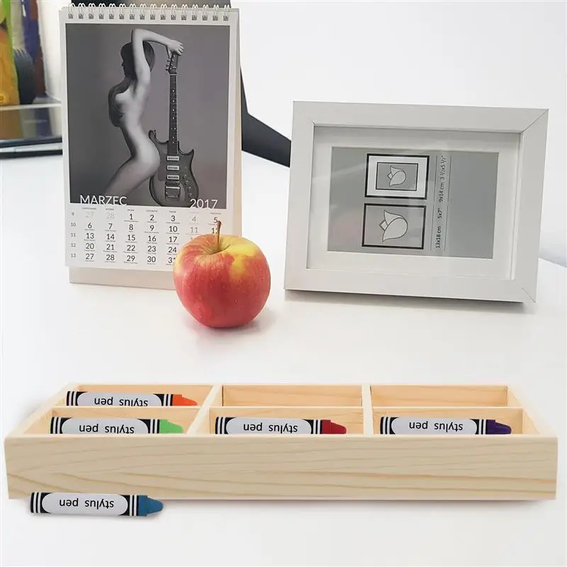 1PC Wooden Desk Pencil Storage Box 6-Grid Stationery Marker Pen Holder School Office Pen Stand Marker Pen Holder Pencil Display 5