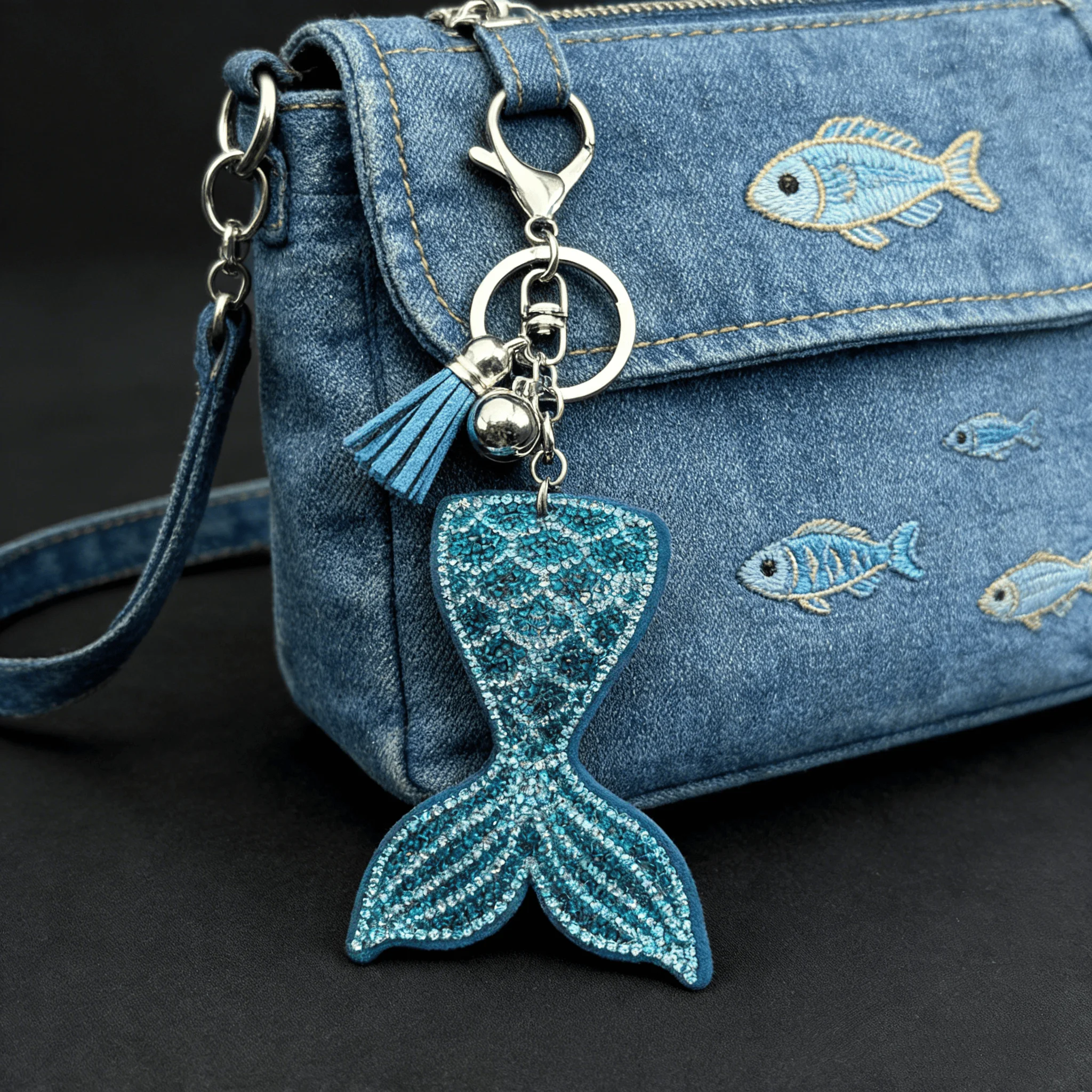 Blue Ocean Legend Meerjungfrauenflossen-Taschenanhänger für Damen, E-Girl, voll glitzernd, Kristall-Quaste, tägliche Handtaschen-Deko, Schlüsselanhänger, Schmuckgeschenk – Detail 5