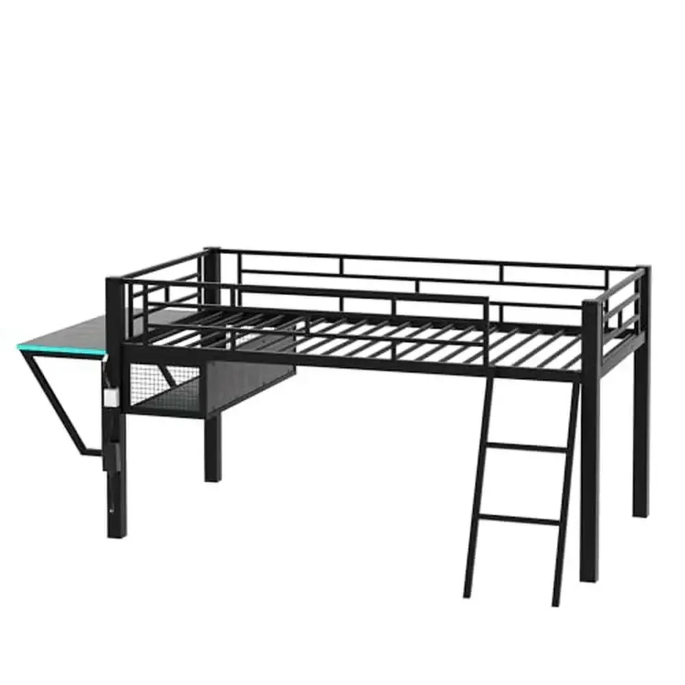 Twin Size Metal Loft Bed with Desk LED Lights Storage Staircase Black Modern Assembly