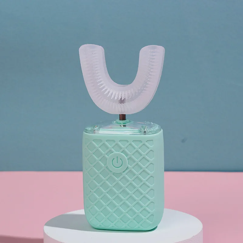 thumbnail image 1 of Cepillo de dientes eléctrico sónico de 360 grados en forma de U para adultos y niños, cepillo de dientes automático de silicona, recargable, temporizador inteligente, luz azul, 1 of 5