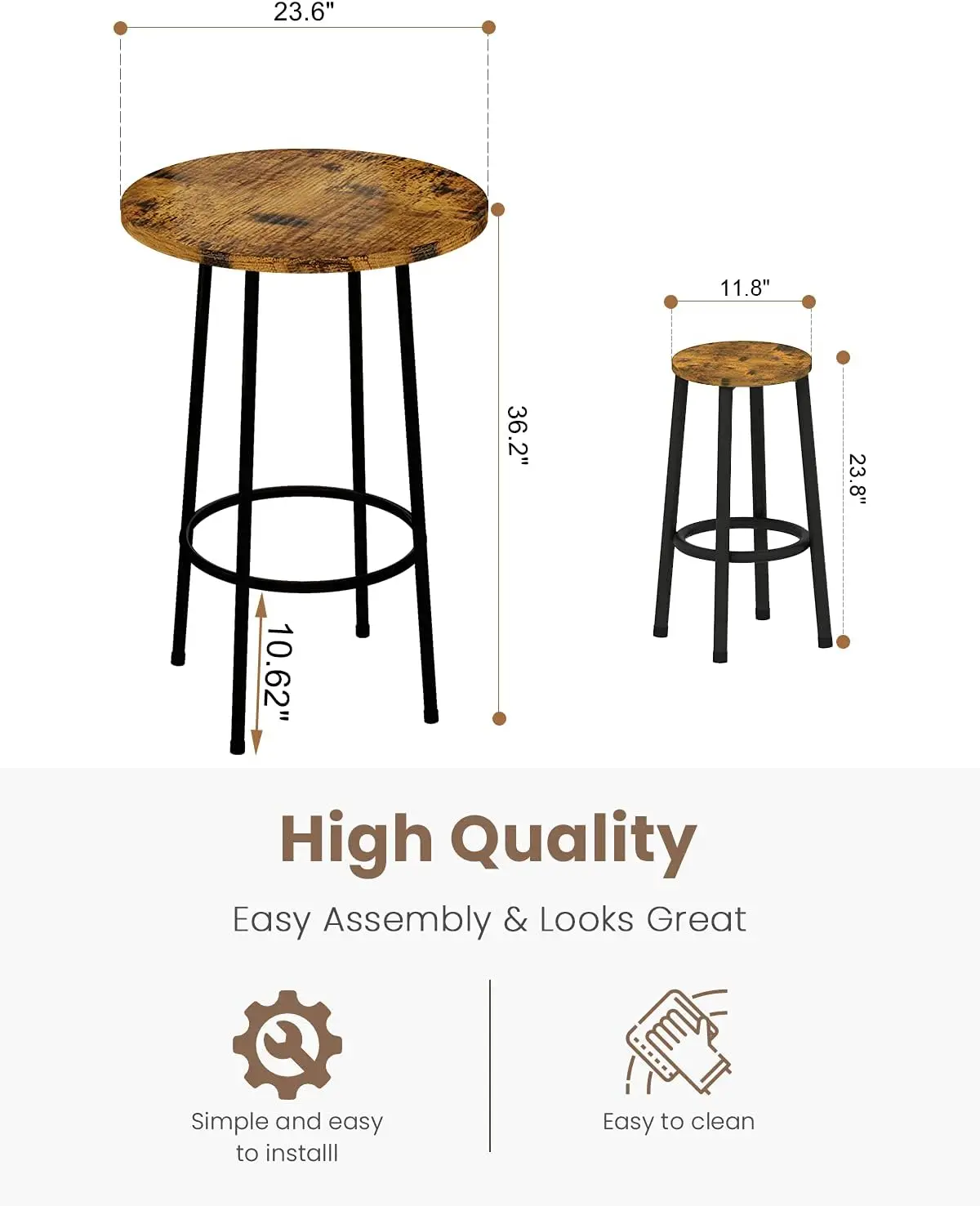 3 Piece Pub Dining Set, Modern Round bar Table and Stools for 2 Kitchen Counter Height Wood Top Bistro Easy Assemble