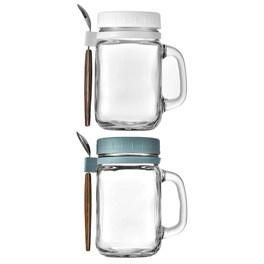 

2 Sets Oatmeal 480ml Portable Overnight Breakfast Glass with Spoon Handle 2pcs Cereal Container Cup Lid Soda Lime Fruit Bowl