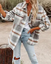 Fashion Long-sleeved Loose Plaid Shirt Woolen Coat Women's Autumn Winter Thickening Casual Loose Pocket Shirt Coat Top Women