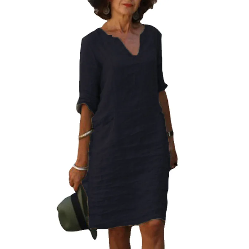 Vintage Solid Mini Dress Women Fashion Summer V-neck Three Quater Sleeve Cotton Linen Party Dresses Ladies Casual Femme Vestidos 4