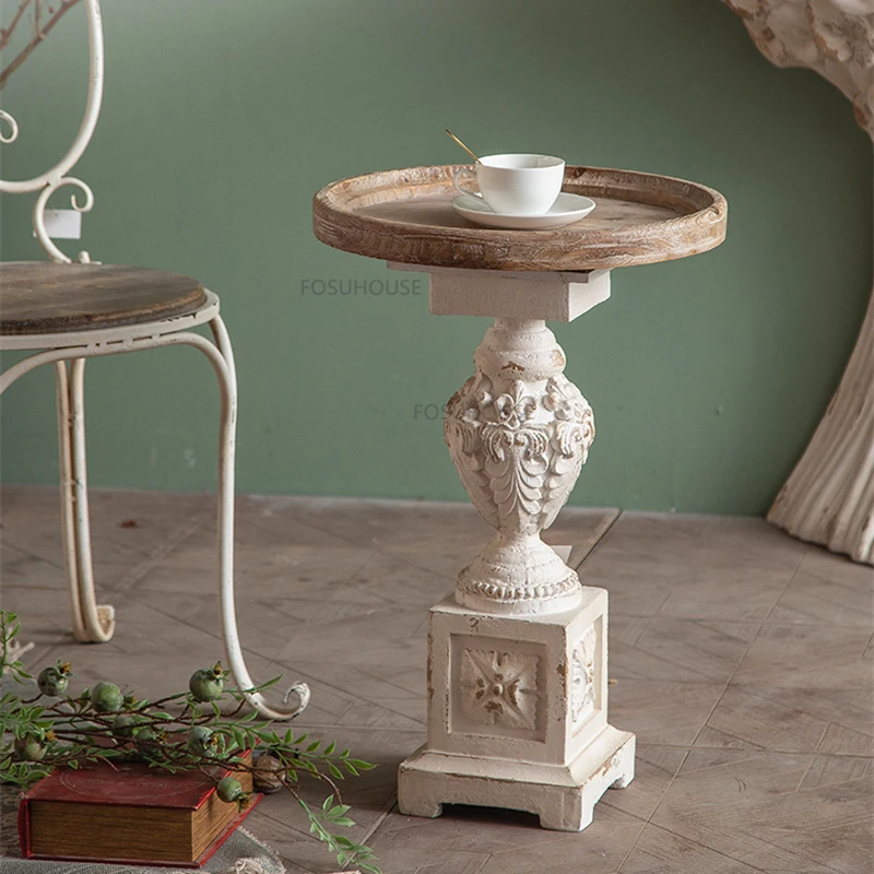 Nordic Solid Wood Coffee Table for Caf&eacute; Furniture Small Round Table Vintage Upscale Roman Carving Design Coffee Shop Side