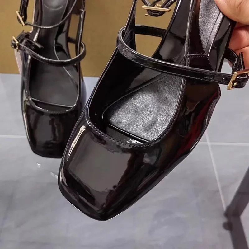 Retro Square Toe Women Mary Jane Shoes Summer Fashion Ankle Strap Thick Heels Elegant Black Slingbacks Ladies Sandals