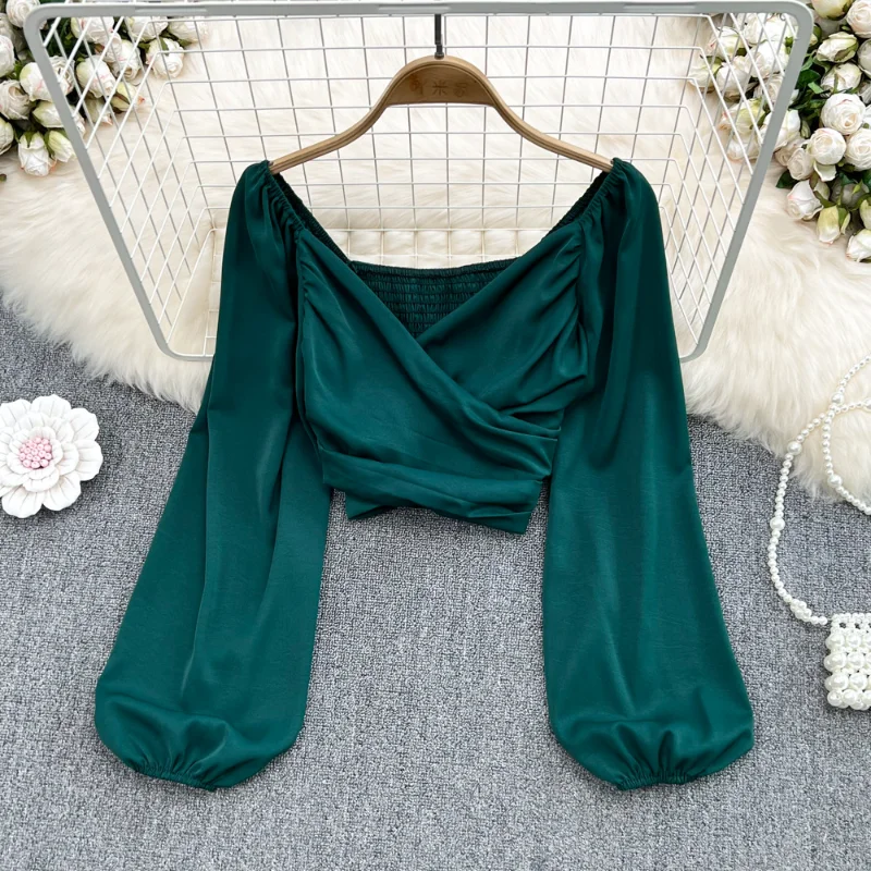 

2024 Spring Summer V-neck Blusas Women Plain Sexy Elastic Long Puff Sleeve Blouses Ladies Chic Blusas Femininas Com Blusas Mujer